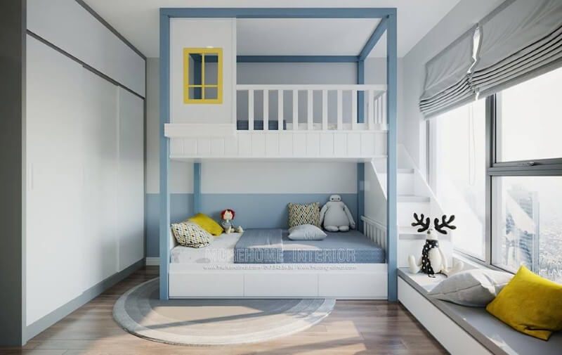 Nội thất phòng ngủ trẻ em trong căn hộ chung cư hiện đại được thiết kế theo phong cách thông minh, giúp tiết kiệm được diện tích.