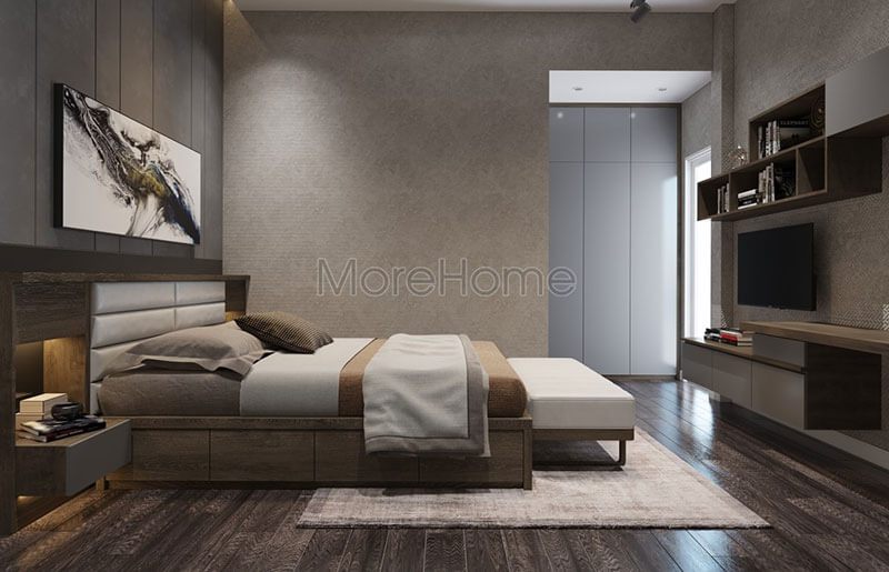 Mẫu giường ngủ gỗ bệt với thiết kế đầu giường bọc da hiện đại sẽ giúp gia chủ cảm nhận được sự thư giãn.
