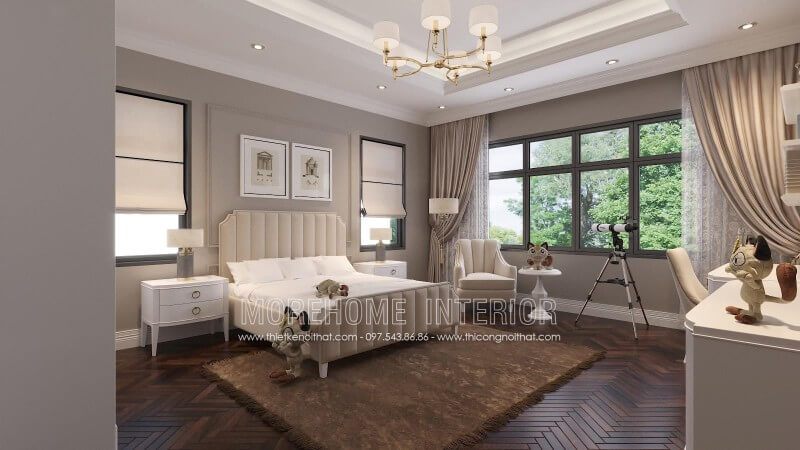 Người thiết kế đã tạo ra một bộ nội thất giường ngủ cho bé trai theo phong cách tân cổ điển với sự tinh tế.