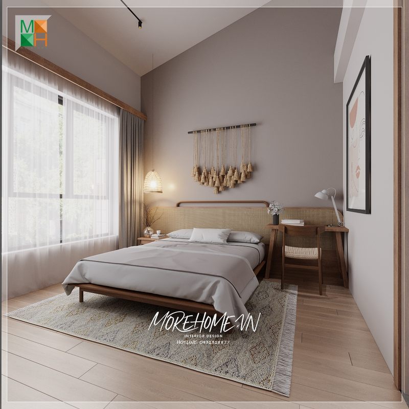Không gian phòng ngủ có nội thất gỗ tự nhiên, đó là một yếu tố quan trọng để tạo ra một cảm giác thoải mái và dễ chịu để giúp người dùng có những giấc ngủ ngon lành.