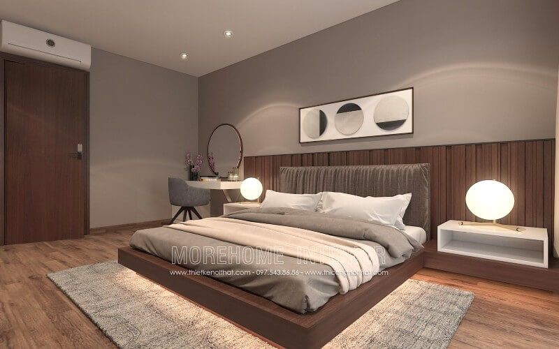 Giường ngủ hiện đại, được thiết kế theo phong cách Nhật Bản, có kích thước lớn và chắc chắn. Phần tab đầu giường được liền kề với bề mặt giường, tạo cho gia chủ sự thoải mái khi sử dụng.