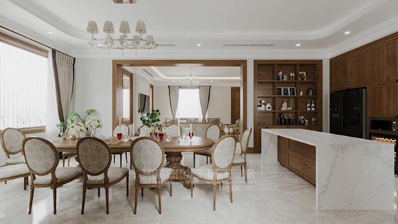 Gam màu trắng kết hợp với màu nâu vàng của gỗ óc chó đã tạo nên một thiết kế nội thất phòng ăn đầy quyến rũ.