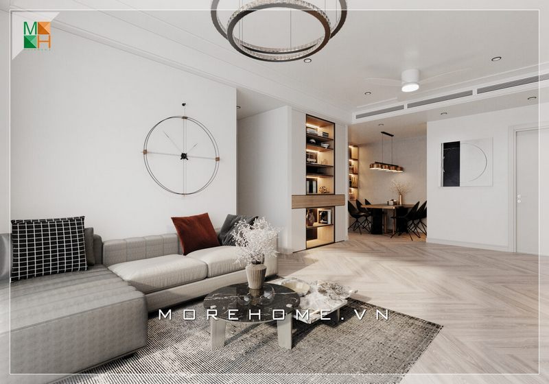 Các kiến trúc sư MoreHome đã thể hiện sự tinh tế trong thiết kế nội thất phòng khách của chung cư bằng cách sắp xếp đơn giản, giúp tạo ra một không gian thoáng đãng và thư thái.