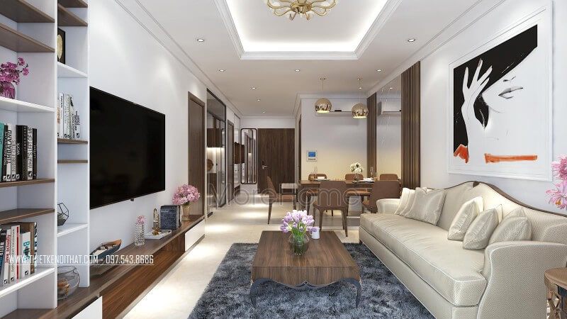 Kệ tivi và kệ trang trí bên cạnh cửa sổ góp phần tạo nên sự hoàn hảo cho thiết kế nội thất của phòng khách không cầu kì.